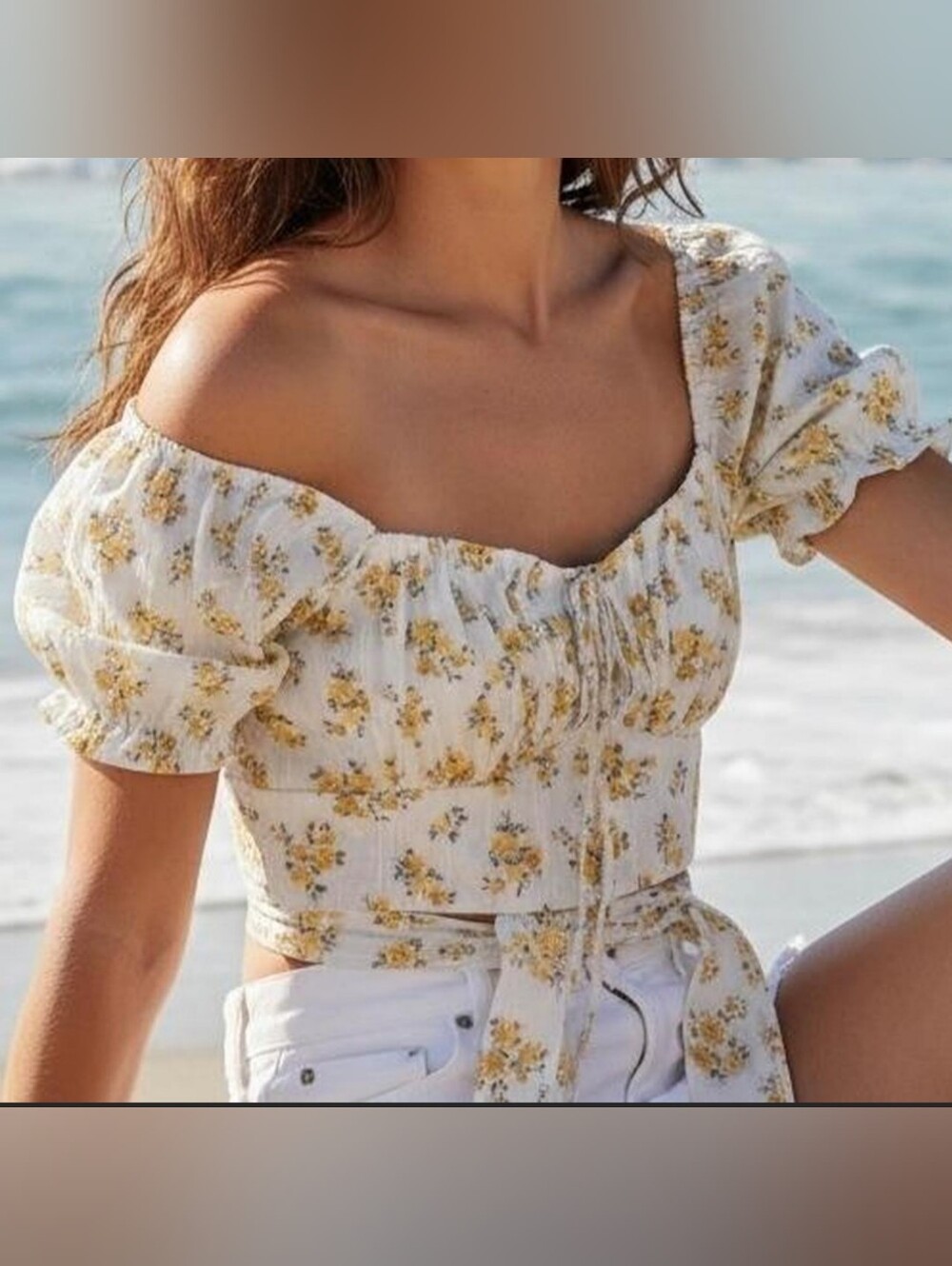 Altar'd State White Crop Top with Yellow Floral Print, Romantic Coquette NWOT.